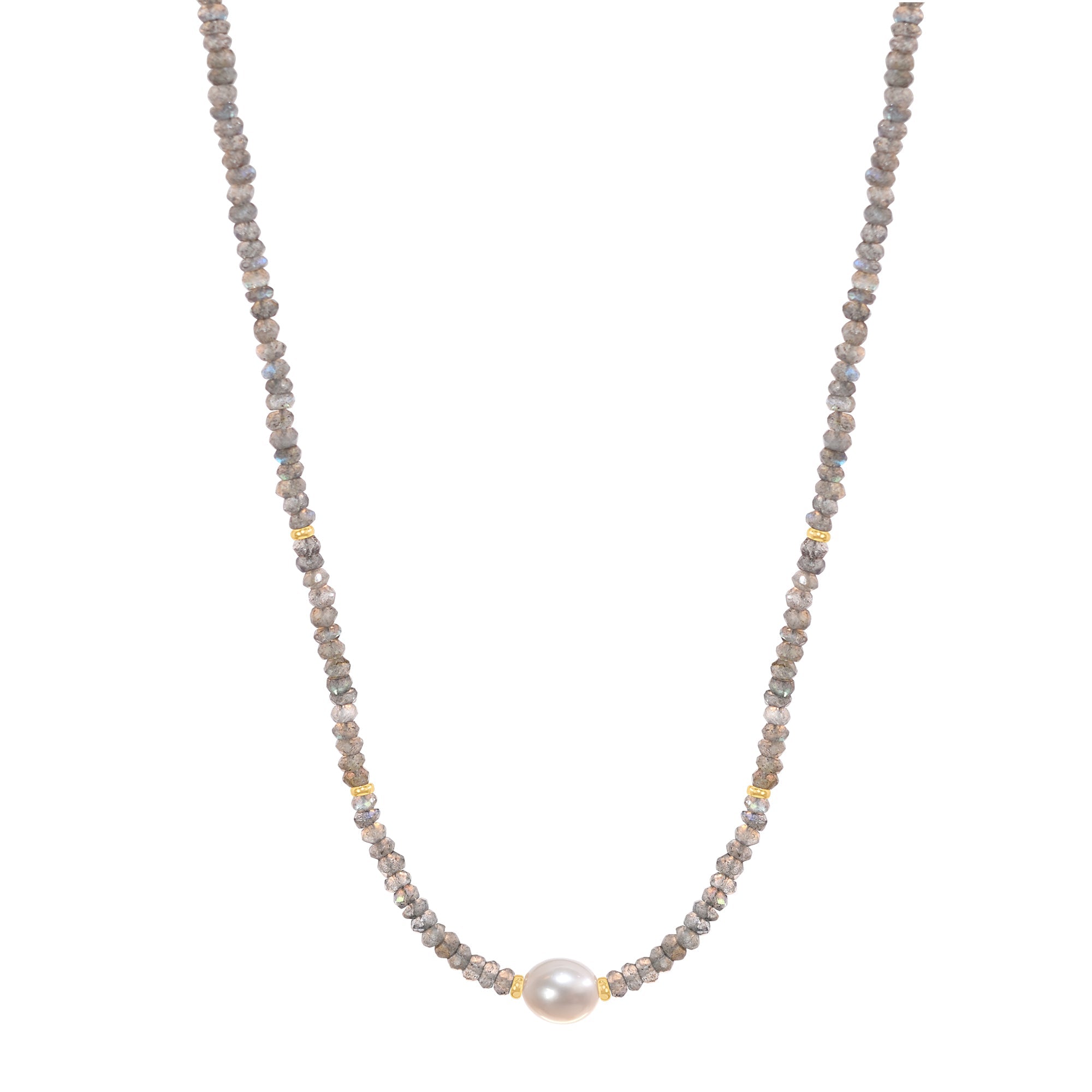 14k Gemstones Gold Roundel and Freshwater Pearl Center Necklace
