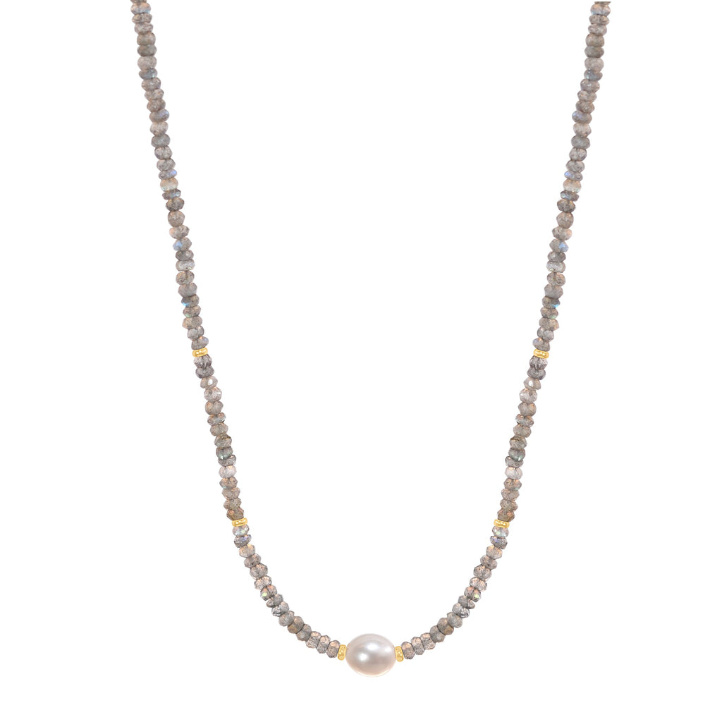 14k Gemstones Gold Roundel and Freshwater Pearl Center Necklace